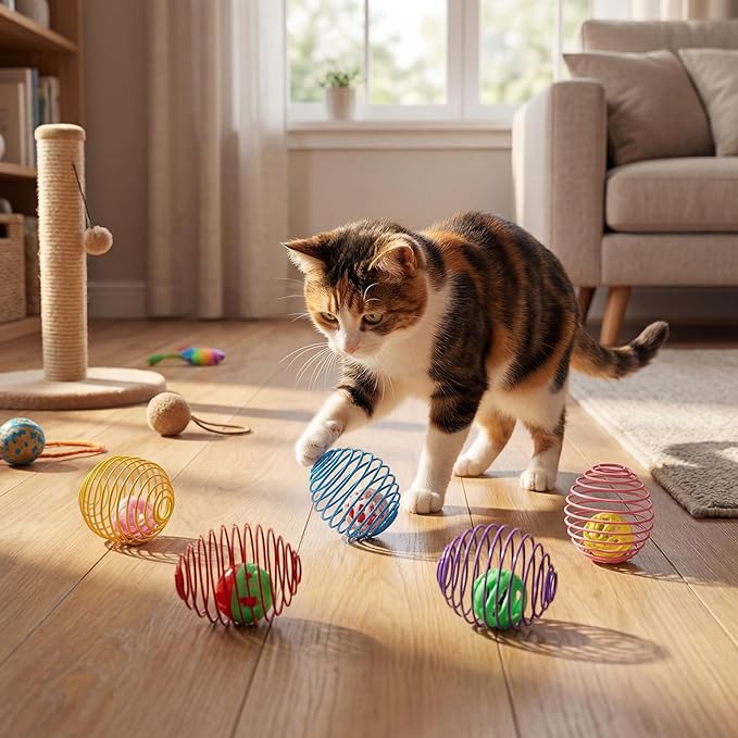 Jecery 5 Pcs Cat Spring Toys Stretchable Rolling Balls Colorful Playful Coils - Image 6