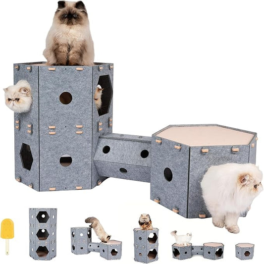 Large Cat Tunnel House Bed for Indoor Cats, w/Hair Brush, DIY Expandable by Muzzique