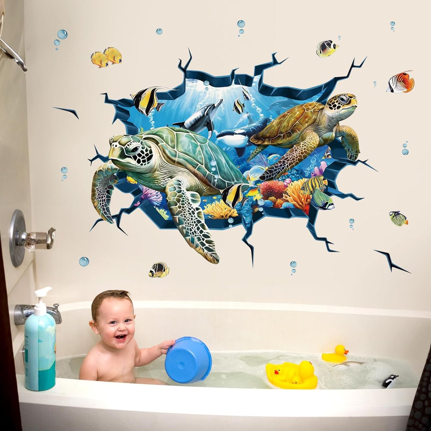decalmile 3D Under The Sea Turtle Wall Decals Underwater Ocean Fish Broken Wall Stickers Kids Bedroom Living Room Bathroom Wall Decor