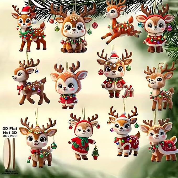 24 Pcs Cute Reindeer Christmas Tree Hanging Ornaments 2D Flat Wooden Pendant - Image 8
