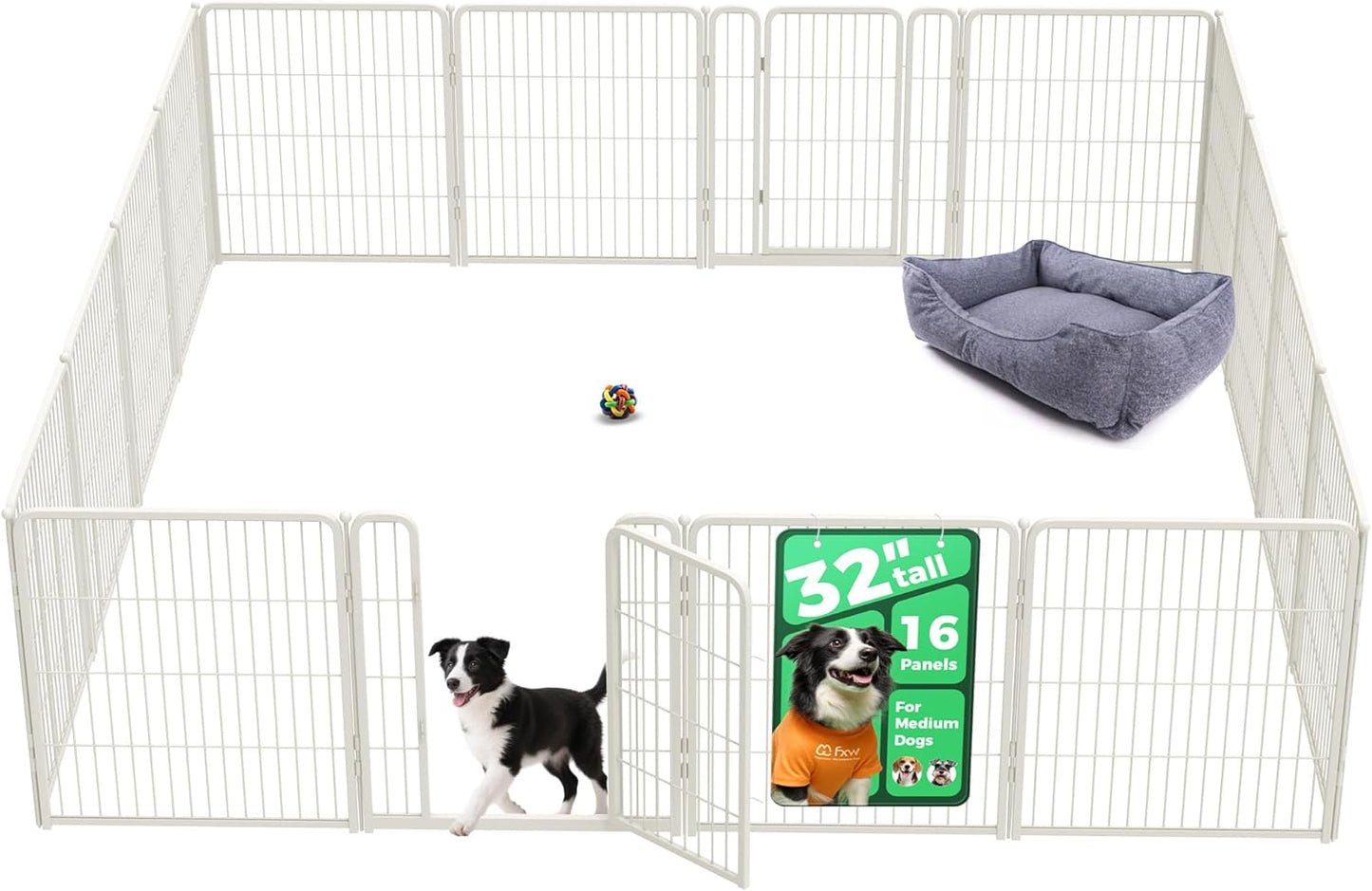 FXW Homeplus Unleashed Indoor Dog Playpen - Stress-Free and Safe Play, Heavy Duty 32 Inch 16 Wire Panels Dog Pen for Small and Medium Dogs, White│Patented