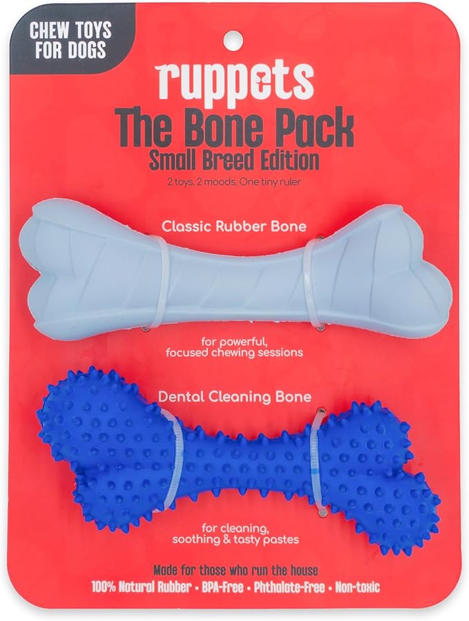 Natural Rubber Dog Bones for Small Dogs & Puppies, 2 Pack Soft Toy, Gentle by Ruppets