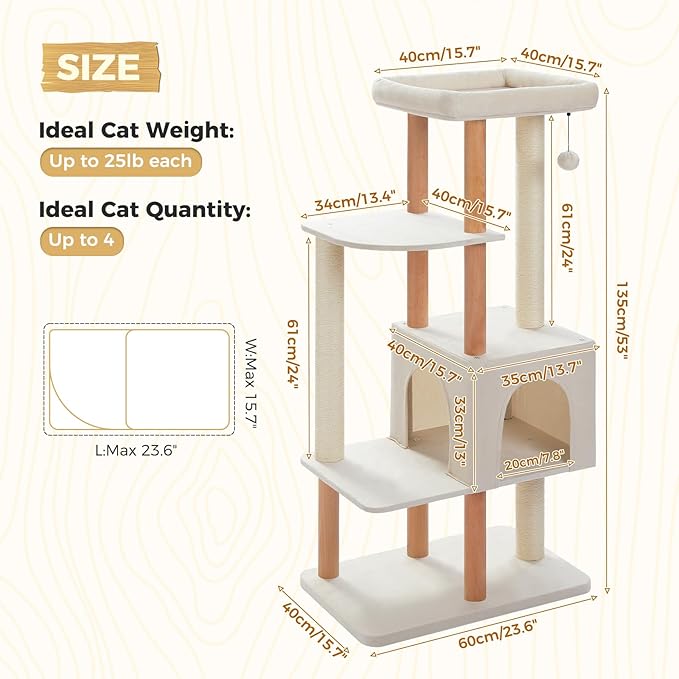 PAWZ Road Large Cat Tree, 53 Inches Modern Wooden Cat Tower - Image 2