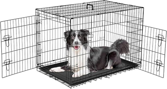 Sweetcrispy Dog Crate, 42 Inch Double Door Folding Metal Wire Dog Cage by Sweetcrispy