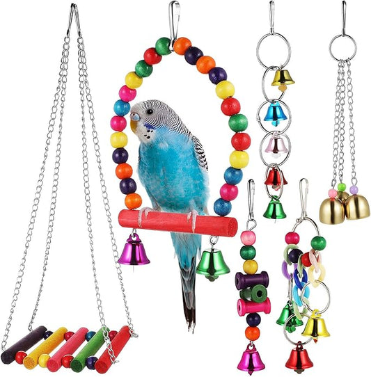 LALAFINA Bird Swing Parrot Perch Stand Wind Chimes 6pcs Set Hanging Bird Cage by LALAFINA