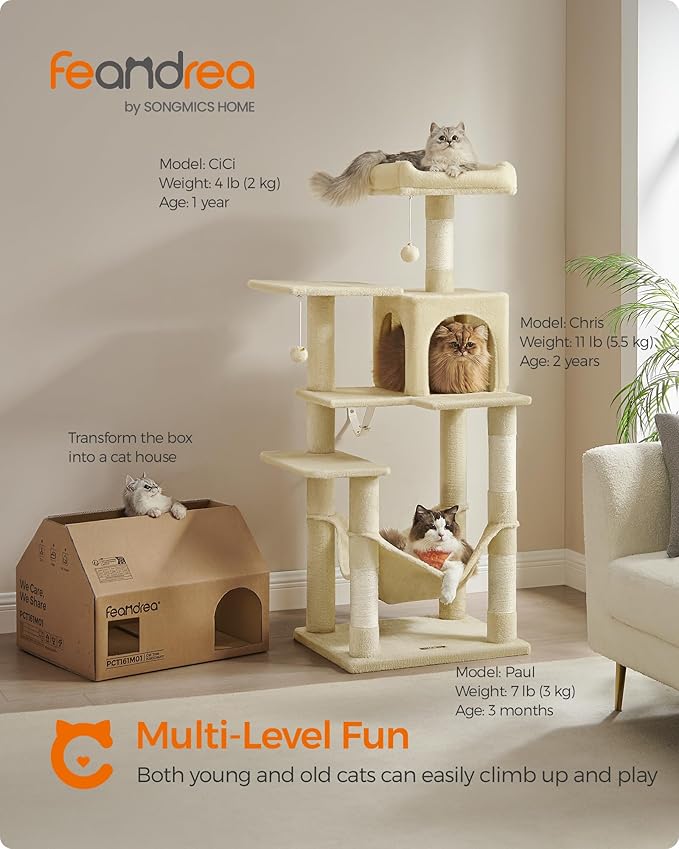 Feandrea Cat Tree, 54.2-Inch Cat Tower, Plush Multi-Level Condo - Image 2