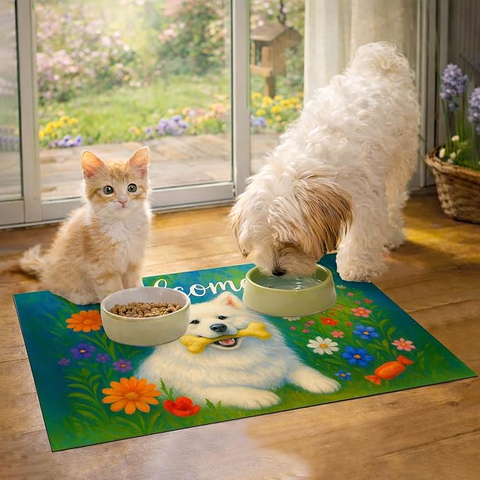 HOMETITUTE Cute Dog Feeding Mat Flower Garden Pattern 20" x 12", Non Slip Cat - Image 3