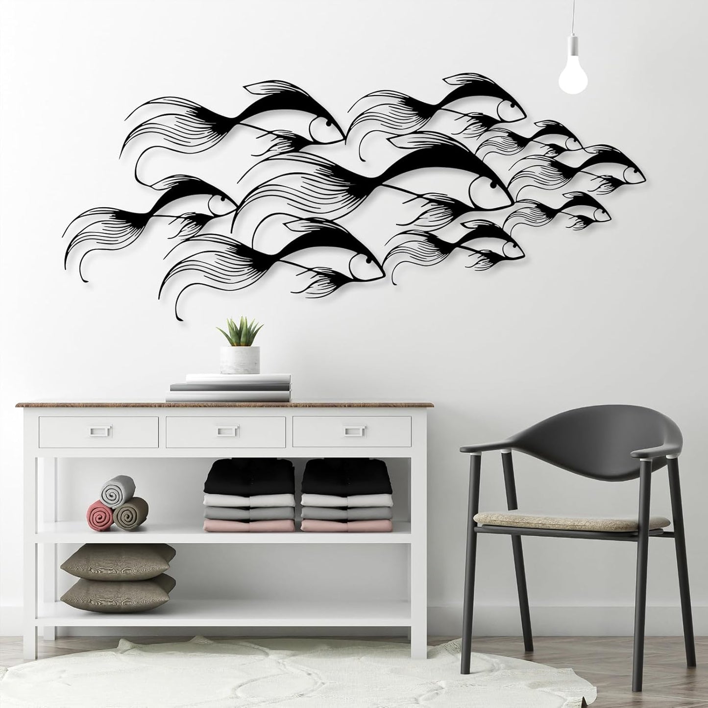 School of Fish Metal Wall Art, Metal Fish Wall Decor, Sea Life Wall Art, Large Nautical Wall Hanging, Modern Beach House Wall Decor, Ocean Themed Artwork for Bathroom (Silver, 53"x22" | 135x57cm)