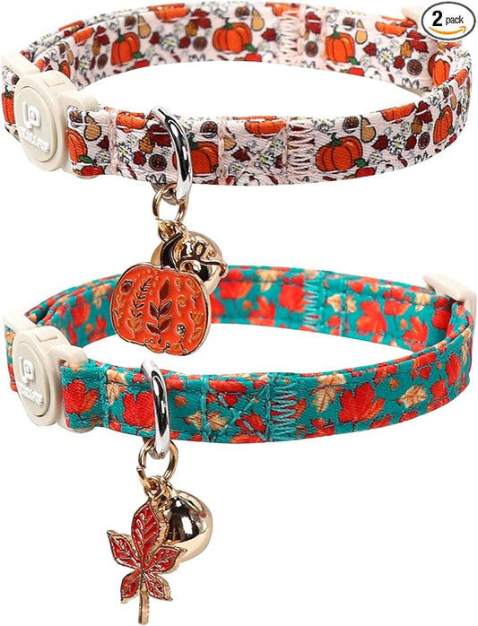 Fall Cat Collar-2Pack Autumn Kitten Collars-Halloween Breakaway Pumpkin Kitty by UPURARAPUP