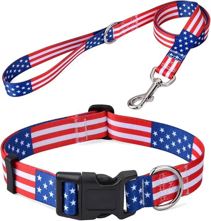 Mihqy American Flag Dog Collar and Leash Set- Patriotic, US Flag Pattern by Mihqy