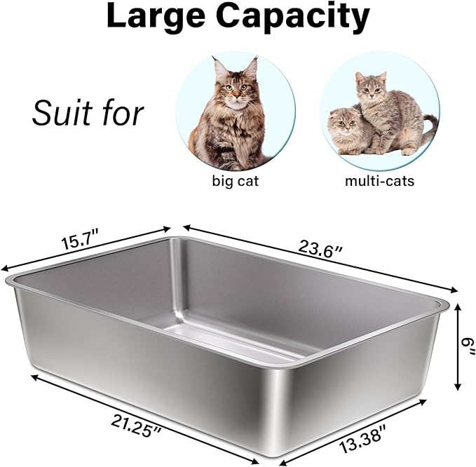 Stainless Steel Litter Box XL, 23.6" X 15.7" X 6" Steel Litter Box, Extra Large - Image 2