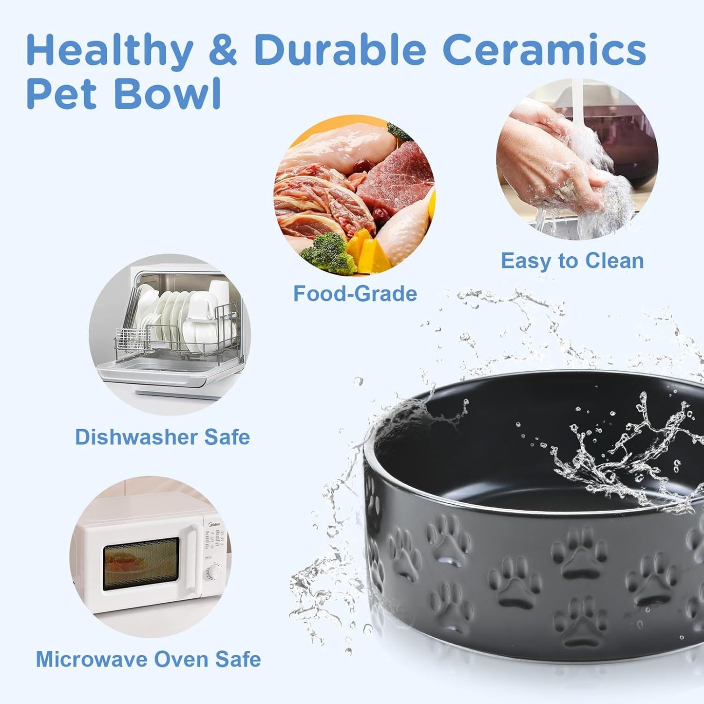 SPUNKYJUNKY Elevated Dog Bowls Ceramic, 6.1'' Dogs and Cat Food Water Bowls Raised with Non-Slip Bamboo Stand for Medium Sized Breed Microwave Dishwasher Safe - 28.7 OZ,Paw Black