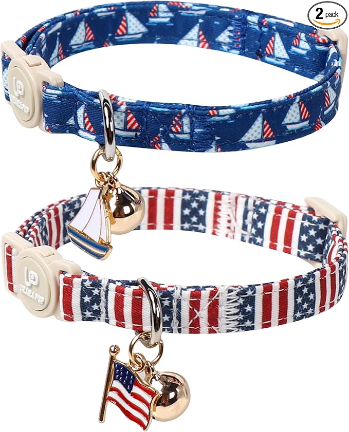 4th 0f July Cat Collar, Summer Baseball Blue Cat Collar by UPURARAPUP