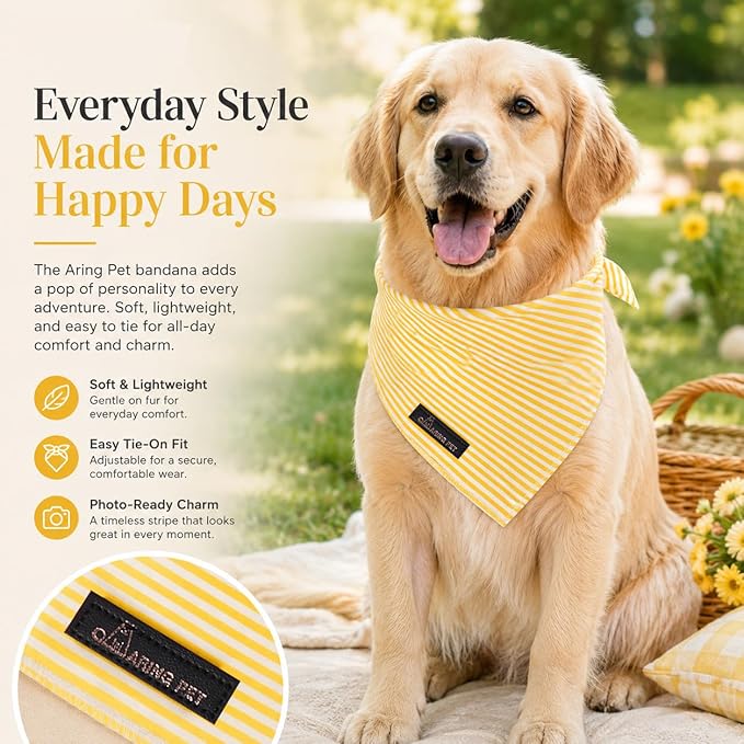 ARING PET Stripe Dog Bandanas, Cute Yellow Pet Bandana Scarf Triangle Bib - Image 2