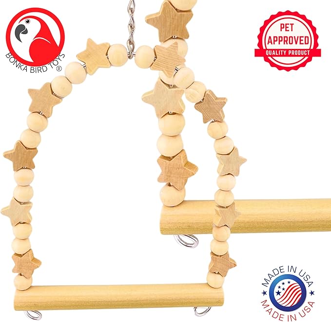 Bonka Bird Toys 1448 Natural Star Swing 8" x 6" Natural Wood Hanging Swing Perch - Image 5