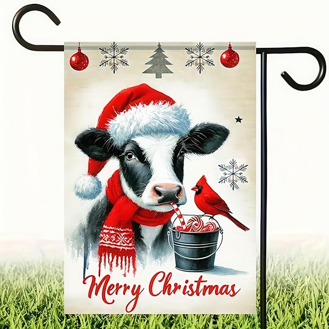 Merry Christmas Garden Flag 12x18 Double Sided Cow Winter Garden Flag - Image 3