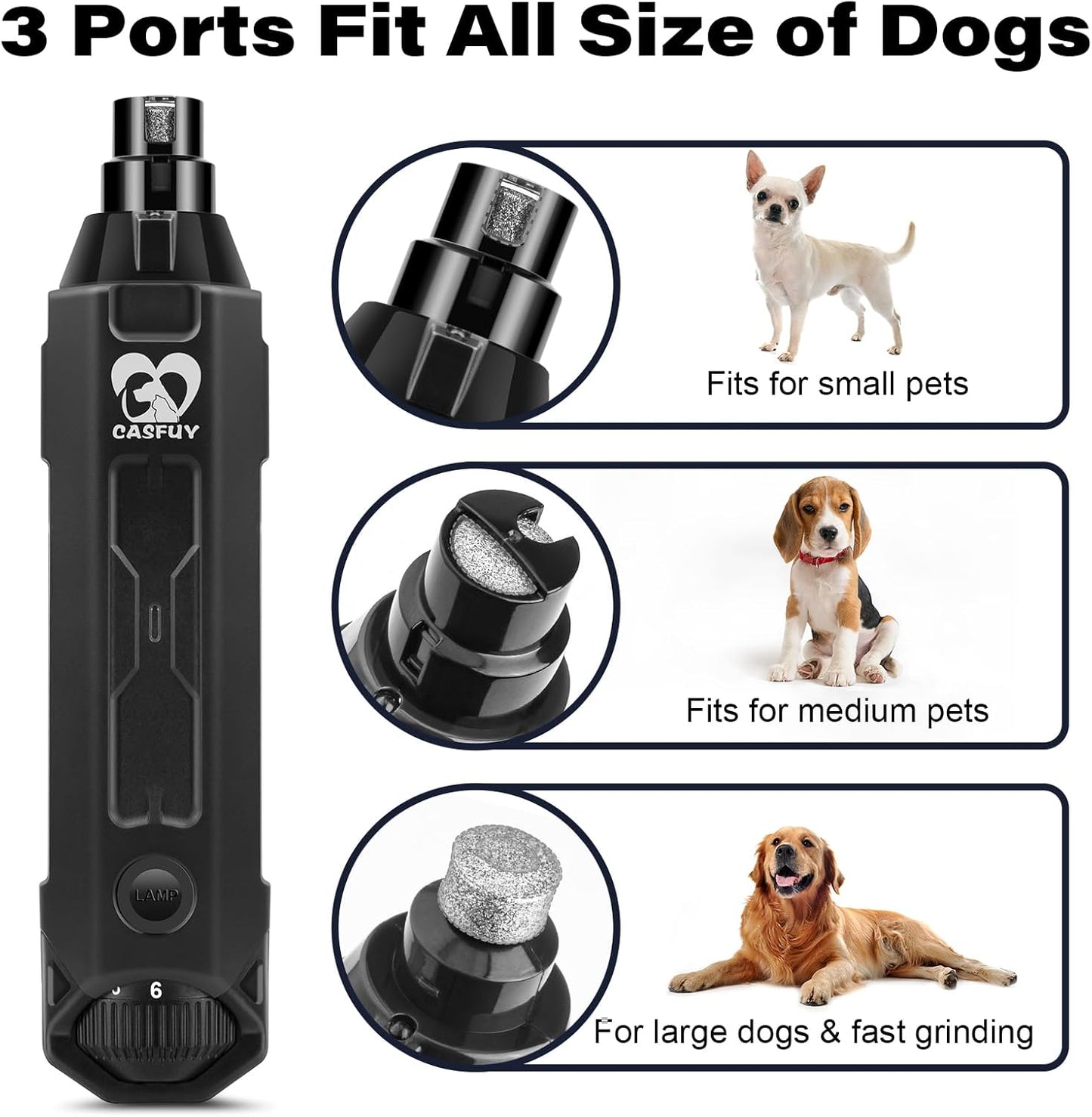 Casfuy 6-Speed Dog Nail Grinder - Newest Enhanced Pet Nail Grinder Super Quiet Electric Dog Nail Trimmer Rechargeable Painless Paws Grooming & Smoothing Tool for Large Medium Small Dogs (Grey)