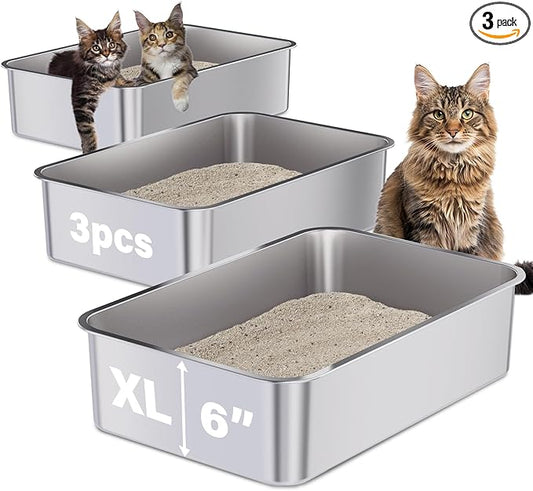 Stainless Steel Litter Box 3 Pack, 23.6" X 15.7" X 6" Extra Large Cat Litterbox by Holintan