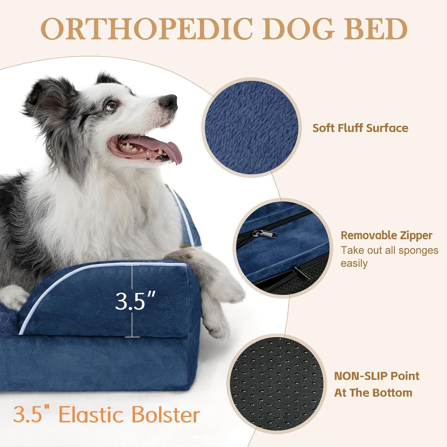 Comfort Expression Small Dog Beds Waterproof Orthopedic Foam Dog Sofa Beds for Medium Dogs Comfy Pet Bed with Washable Removable Cover & Non-Slip Bottom(Small,Navy Blue)