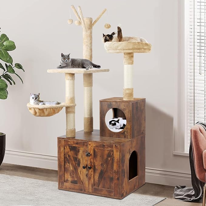 Timberer Cat Tree Tower with Litter Box Enclosure, 2-in-1 Wooden Cat Condo with by Timberer