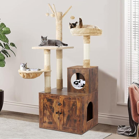 Timberer Cat Tree Tower with Litter Box Enclosure, 2-in-1 Wooden Cat Condo with by Timberer
