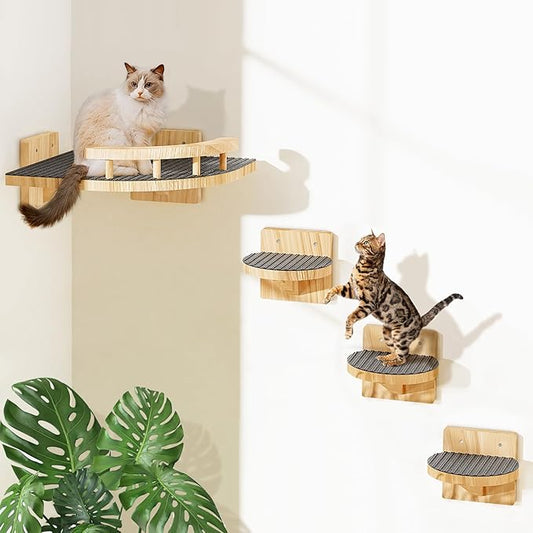 Cat Wall Shelves with 3 Steps, Wooden Cat Wall Furniture up to 15lbs, Floating by Chuiendi