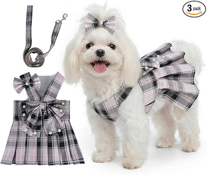 Cute Plaid Dog Dress Clothes for Small Dogs Cats Girl Black and Pink Plaid Dog by Yymobt