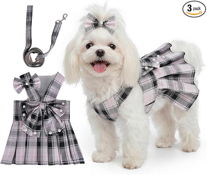 Cute Plaid Dog Dress Clothes for Small Dogs Cats Girl Black and Pink Plaid Dog by Yymobt