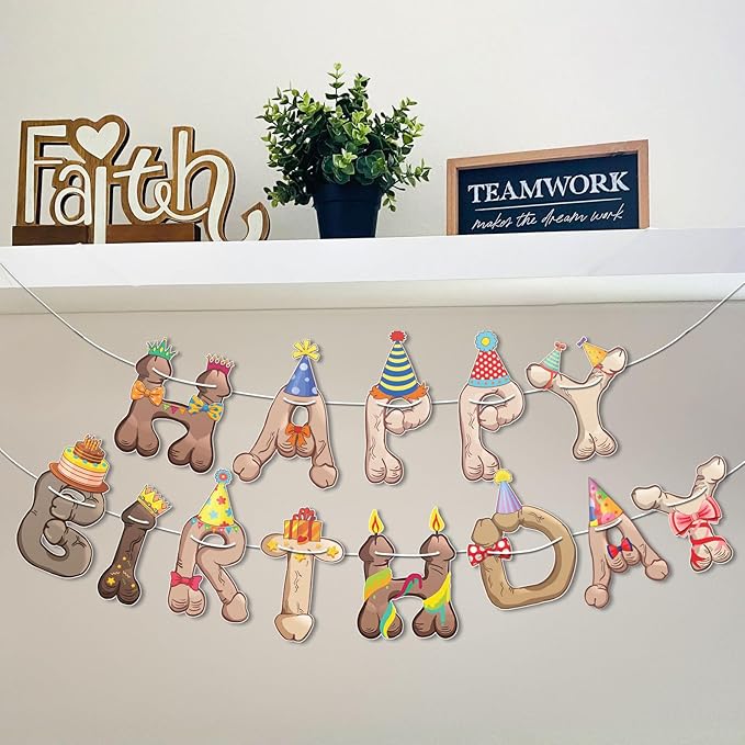 Funny Penis Happy Birthday Banner Garland — Pre-Strung Naughty Adult Birthday - Image 4
