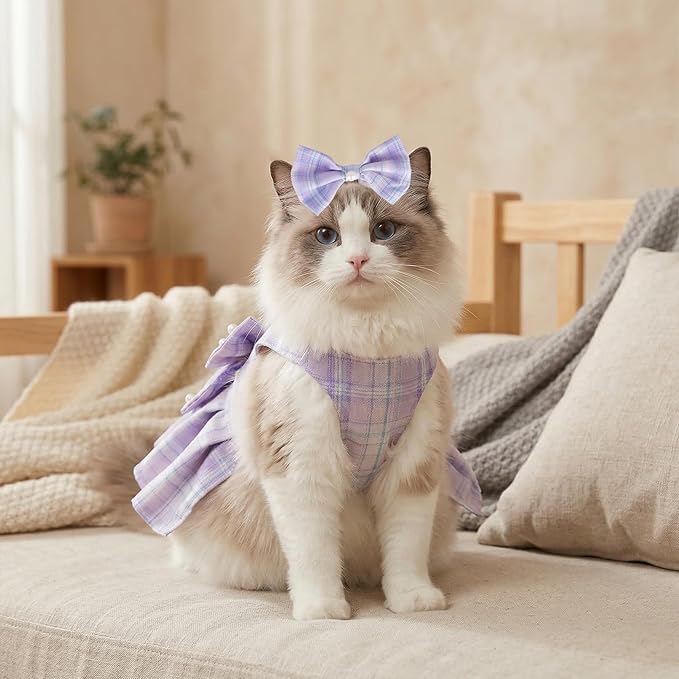 Cute Plaid Dog Dress Clothes for Small Dogs Cats Girl Purple Plaid Dog Dress - Image 3