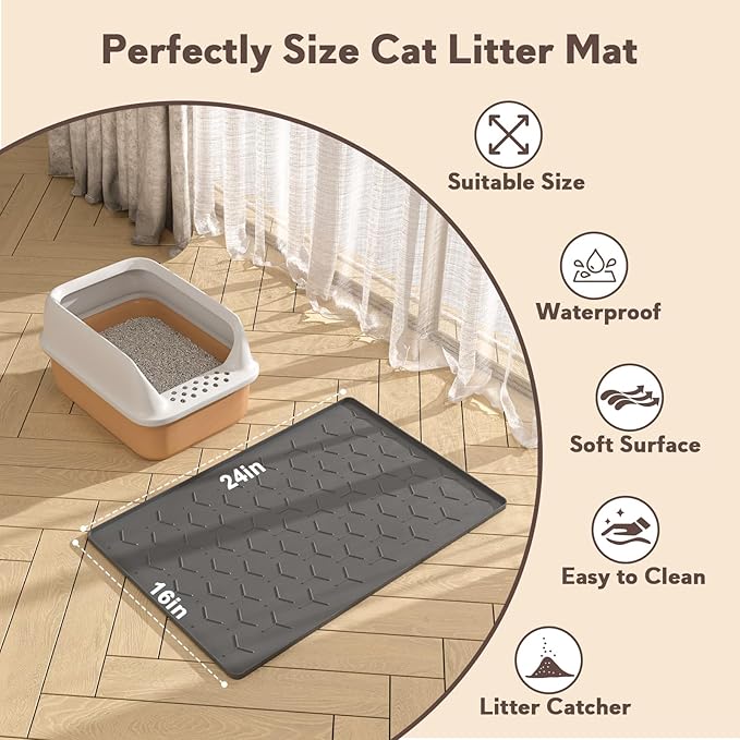 Garoopion Cat Litter Box Mat, Silicone Kitty Litter Mat, Dark Gray - Image 5