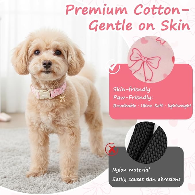 Pink Bow Dog Collar, Adjustable Cotton Dog Collar - Image 4