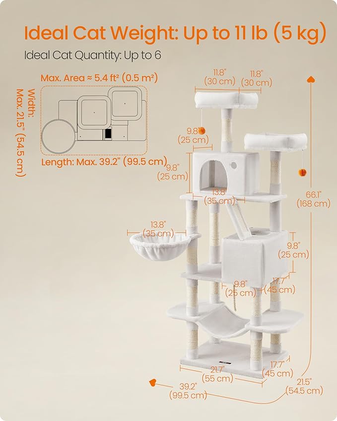 Feandrea Cat Tree, 66.1-Inch Large Cat Tower, 2 Perches, 2 Caves, Cream White - Image 5