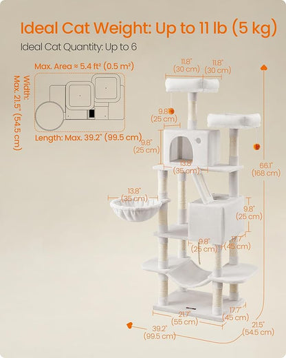 Feandrea Cat Tree, 66.1-Inch Large Cat Tower, 2 Perches, 2 Caves, Cream White - Image 5