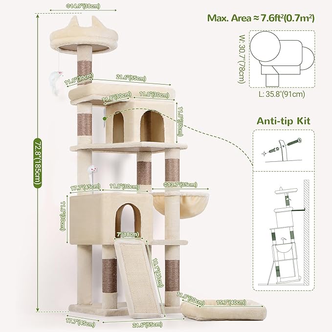 Globlazer Heavy Duty Cat Trees for Large Cats, Sturdy 72in Maine Coon Cat Tree - Image 7