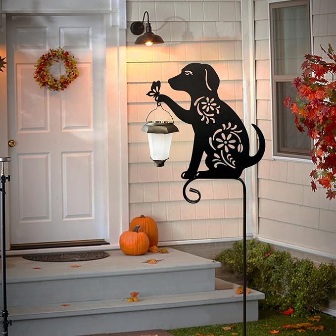 Dog Holding Solar Lantern Garden Stakes Outdoor Metal Dog Stakes Decorative - Image 5