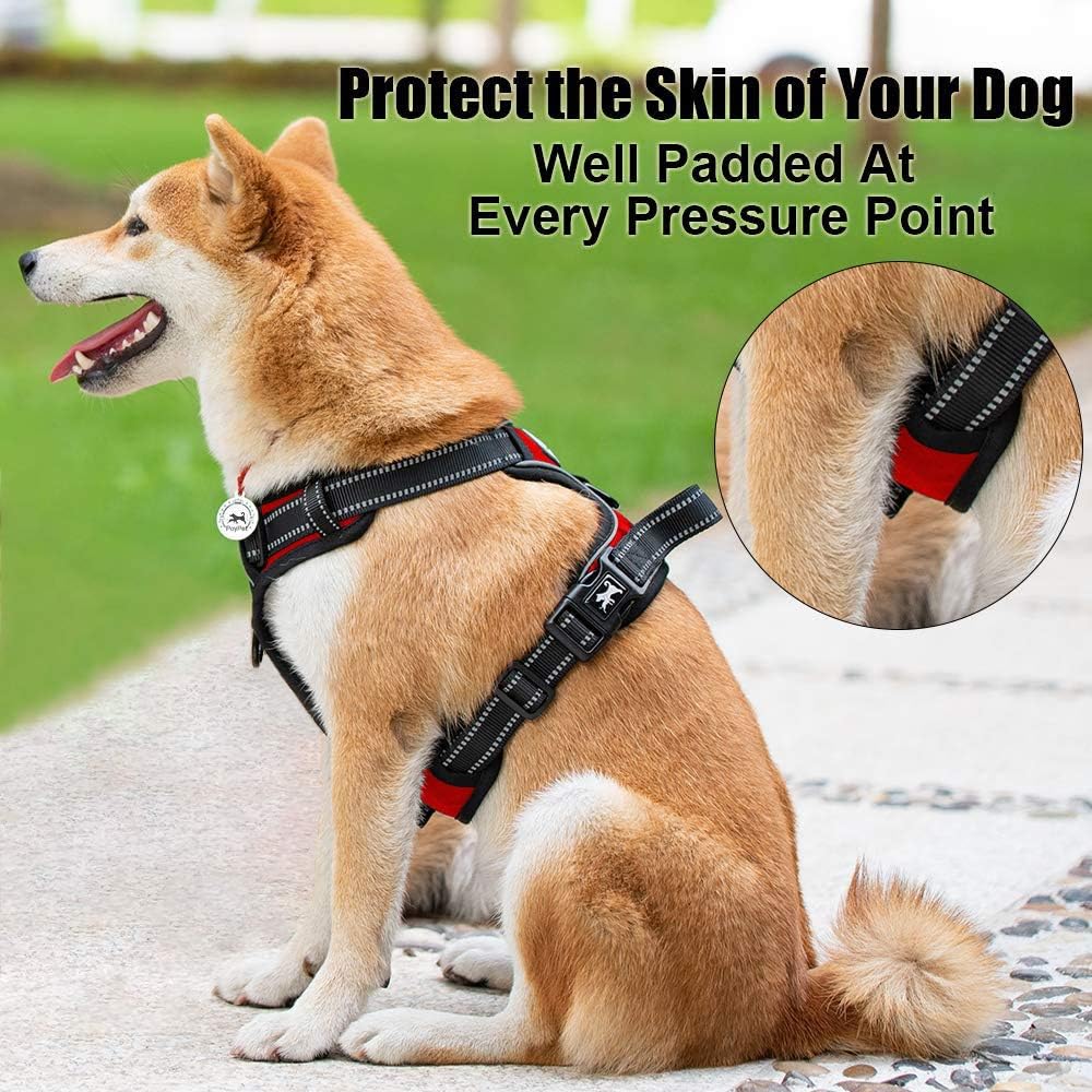 PoyPet No Pull Dog Harness, Reflective Comfortable Vest Harness with Front & Back 2 Leash Attachments and Easy Control Handle Adjustable Soft Padded Pet Vest for Small to Large Dogs (Red,XL)