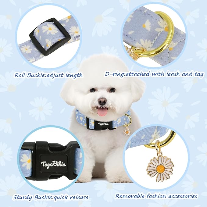 Dog Collar with Daisy Patterns, Spring Summer Collection Blue Dog Collar with - Image 3