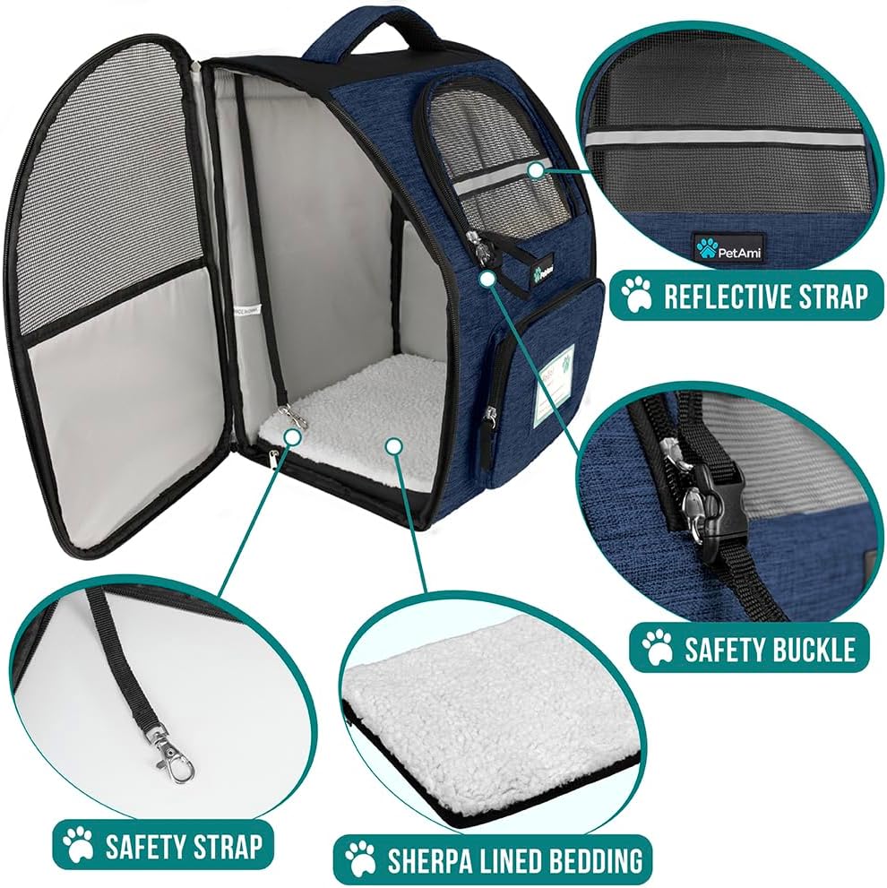 PetAmi Dog Backpack Carrier for Small Large Cat, Pet, Puppy, Ventilated Pet Hiking Backpack Travel Bag, Airline Approved Cat Backpack Carrier, Camping Biking Dog Bag Up to 18lbs Pet, Navy