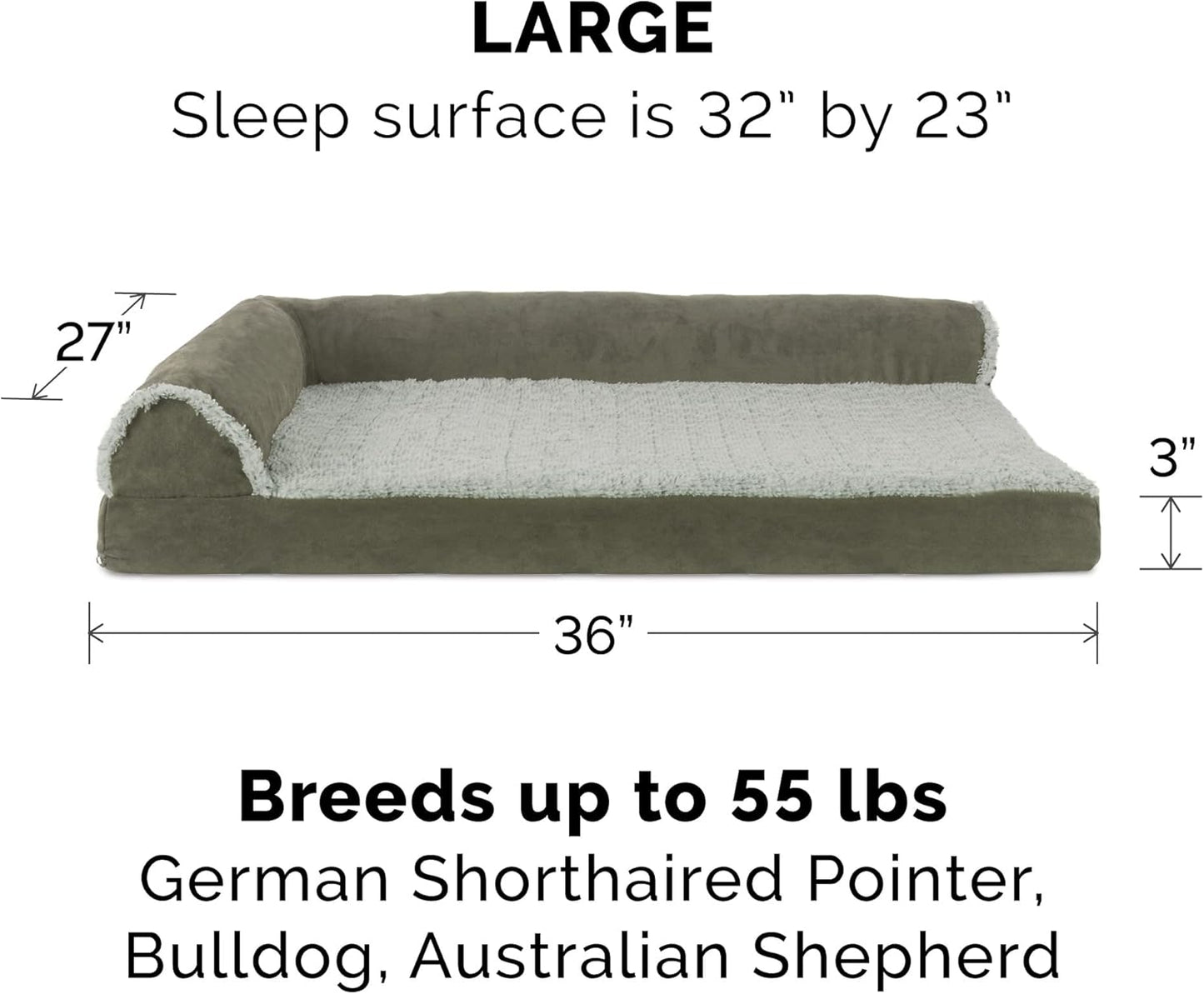 Furhaven Cooling Gel Dog Bed for Large/Medium Dogs w/ Removable Bolsters & Washable Cover, For Dogs Up to 55 lbs - Two-Tone Plush Faux Fur & Suede L Shaped Chaise - Dark Sage, Large