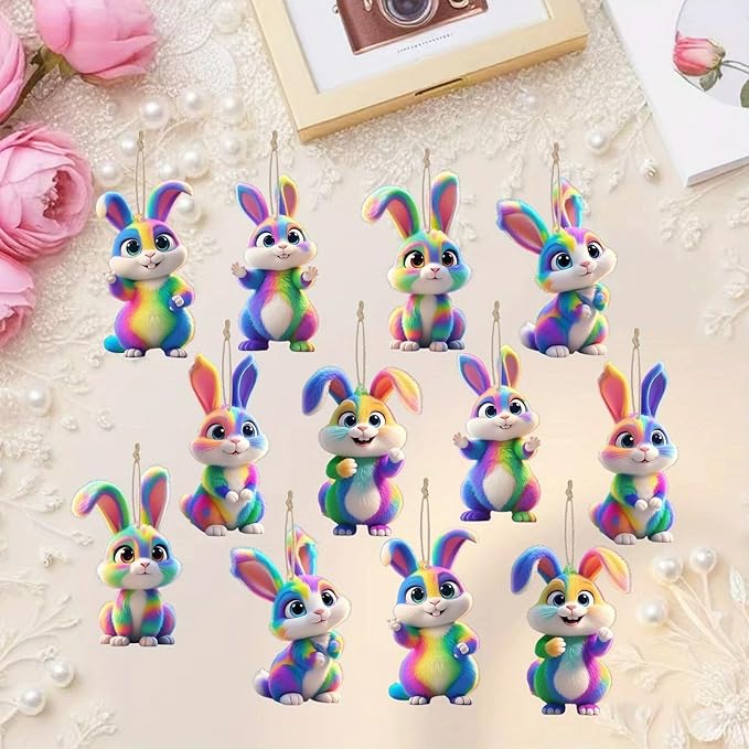 12 Pcs Easter Hanging Ornament Cute Colorful Gradient Bunny Designs 2D Wooden - Image 3