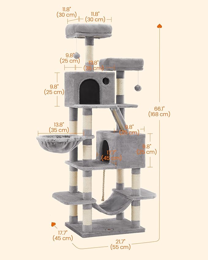Feandrea Cat Tree, 66.1-Inch Large Cat Tower, 2 Perches, 2 Caves, Light Gray - Image 5