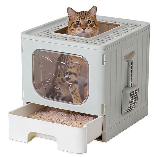 OLIXIS Cat Litter Box with Lid, Large Foldable Cat Box with Litter Scoop by OLIXIS
