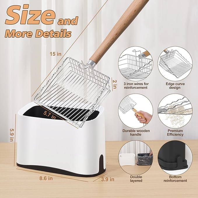 Metal Cat Litter Scoop with Holder, Poop Scooper with Stand and 2 Rolls of - Image 2