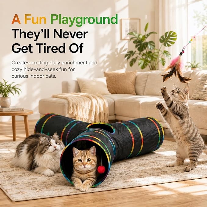 Cat Tunnels Tube Toy with Plush Ball & Cat Wand Feather Toys-Portable Tattaff - Image 6