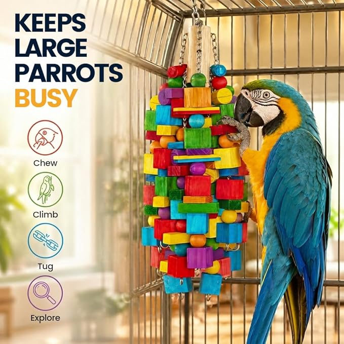 Large Bird Toy, 20 in XL Parrot Toys Natural Wood Blocks Bird Chew Toy - Image 2