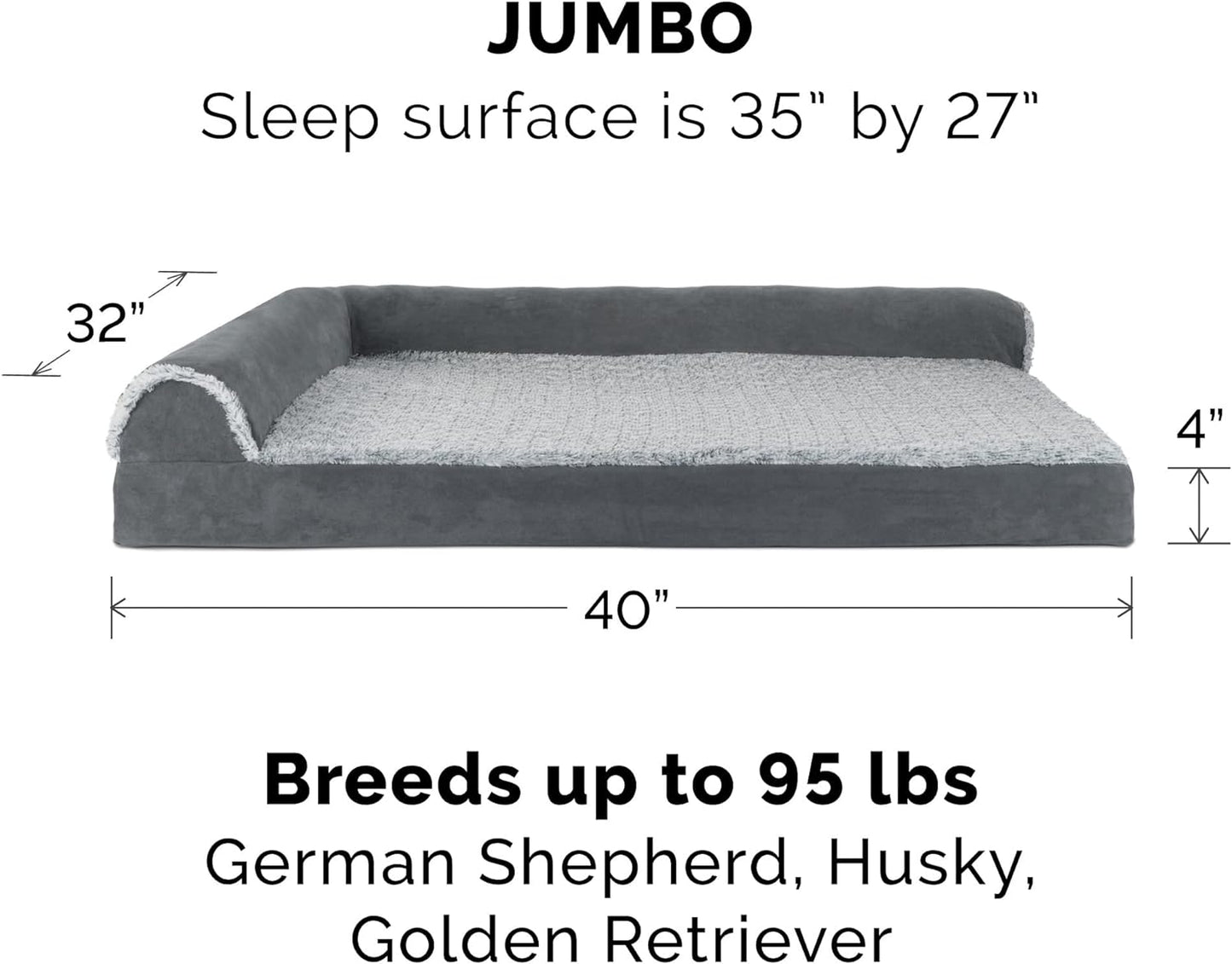 Furhaven Cooling Gel Dog Bed for Large Dogs w/ Removable Bolsters & Washable Cover, For Dogs Up to 95 lbs - Two-Tone Plush Faux Fur & Suede L Shaped Chaise - Stone Gray, Jumbo/XL