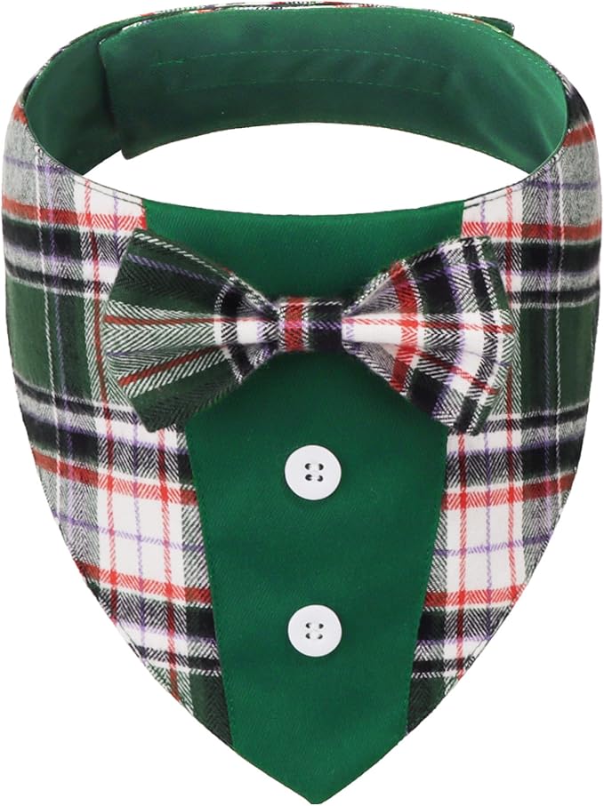ADOGGYGO Christmas Green Dog Tuxedo Bandana, Plaid Pet Bowtie Collar, by ADOGGYGO