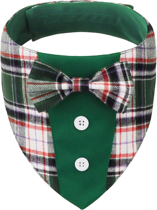 ADOGGYGO Christmas Green Dog Tuxedo Bandana, Plaid Pet Bowtie Collar, by ADOGGYGO