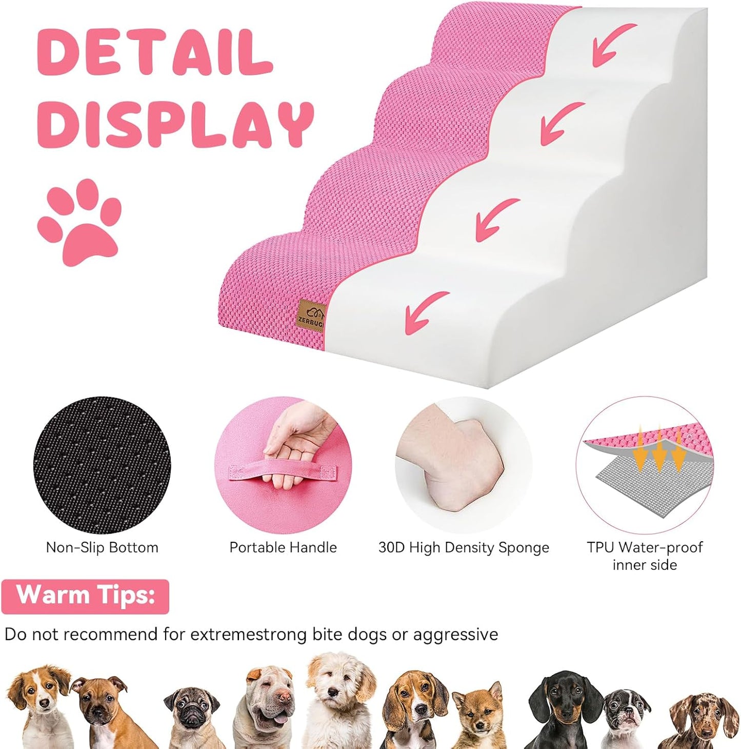 Dog Ramp and Stair for Bed 16" H-20 H,3-Step Cat Stair for Sofa and Chair,4-Step Dog Ramp for High Bed and Window,Durable Nonslip Fabric Cover for Indoor (Pink-20 H, Pet Friendly, 4)